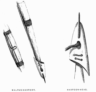 Eskimo-metsästystyökalut: Harppuunat - Elisha Kent Kane, Arctic Explorations in the Years 1853-1855, voi. 1, s. 412, Philadelphia tekijältä American School