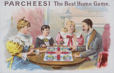 Perhe pelaa Parcheesia (chromolitho) tekijältä American School