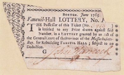 Faneuil-Hall-arpajaislippu, allekirjoittanut John Hancock (1737-93) 1765 (muste paperille) tekijältä American School