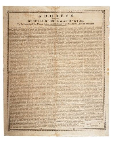 Edesmenneen kenraali George Washingtonin jäähyväispuhe 17. syyskuuta 1796 tekijältä American School
