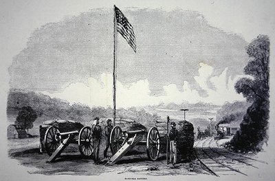 Liittovaltion hiekkasäkkiakku rautatien suojelemiseksi Yhdysvaltain sisällissodan aikana (1861-65) (litho) tekijältä American School