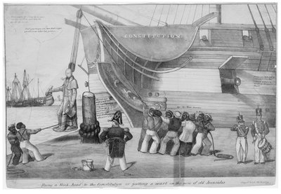 Perustuslakiin pätkän kiinnittäminen tai syylä laittaminen vanhojen ironsideiden nenään, n. 1832 tekijältä American School