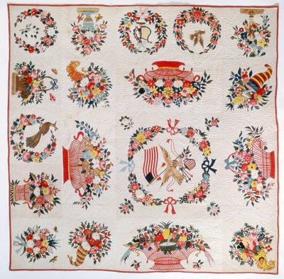 Lippu ja kukka peitto, n. 1860 (puuvilla) tekijältä American School