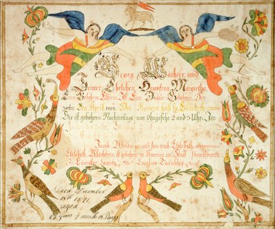Fraktuuri Elizabeth Wachterin (1808-71) syntymä- ja kastetodistukseen 1808 (muste ja akvarelli paperille). tekijältä American School