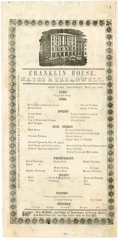 Franklin House Menu 23. toukokuuta 1844, 1844 (kaiverrettu menu) tekijältä American School