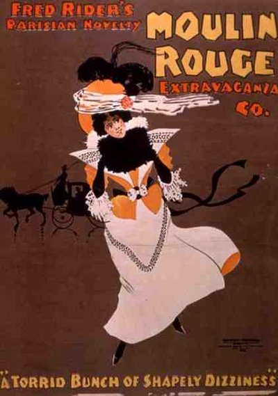 Fred Riderin pariisilainen uutuus, "Moulin Rouge Extravaganza Company" (väri litho) tekijältä American School