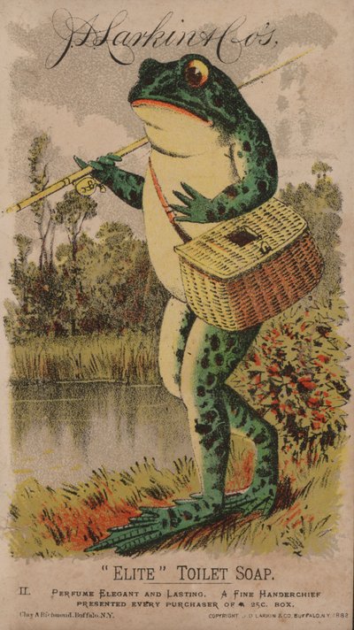 Sammakko kalassa, mainos J D Larkinin Elite wc-saippuasta, 1882 tekijältä American School