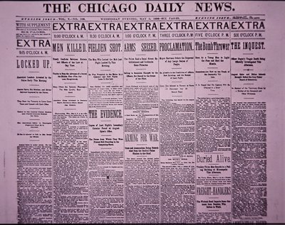 Chicago Daily Newsin etusivu, joka raportoi Chicagon Haymarket Labor Riotista, 5. toukokuuta 1886 (sanomalehtipaperi) tekijältä American School