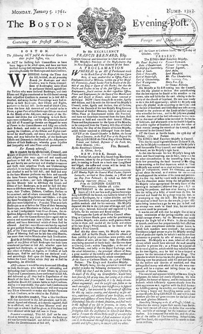 Kuningas Yrjö II:n (1683-1760) kuolemasta kertovan Boston Evening Post -lehden etusivu 5. tammikuuta 1761 (painettu) tekijältä American School