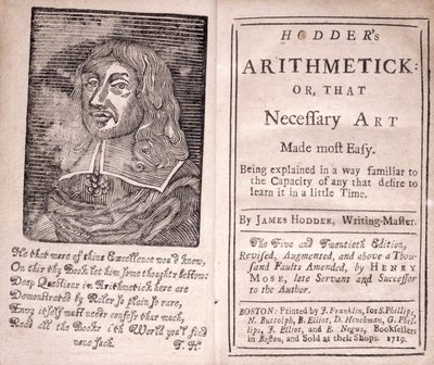 Etukappale ja otsikkosivu James Hodderin Hodders Arithmetic tai That Necessary Art Made Most Easy, 1719 tekijältä American School