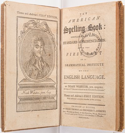 Etukappale Noah Websterin "The American Spelling Book" -kirjasta, Boston, 1789 tekijältä American School