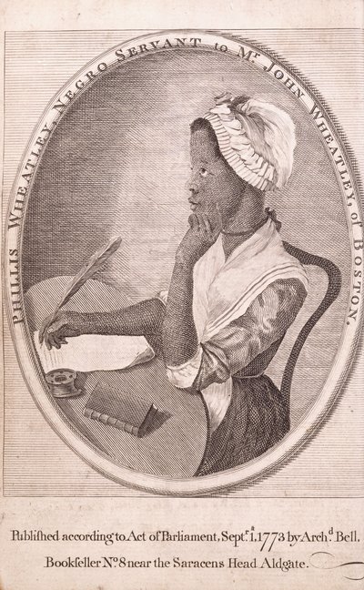 Etukuva kirjailijasta Phillis Wheatleystä kirjasta "Poems on Various Subjects, Religious and Moral" tekijältä American School