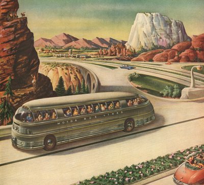Futuristinen matkustajabussi matkustaa moottoritiellä Yhdysvaltain lounaisosassa tekijältä American School