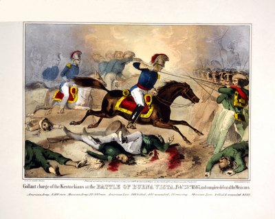 Kentuckilaisten urhea hyökkäys Buena Vistan taistelussa helmikuussa. 23. joulukuuta 1847 ja meksikolaisten täydellinen tappio, pub. 1847 (käsin väritetty litografia). tekijältä American School
