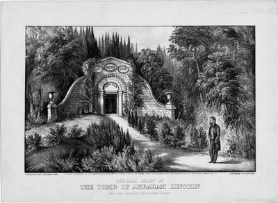 Kenraali Grant Abraham Lincolnin haudalla, Oak Ridge Cemetery, Springfield, Illinois, pub. kirjoittanut Currier & Ives, 1868 tekijältä American School