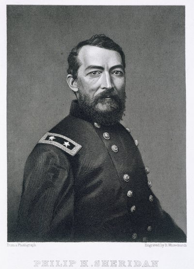 Kenraali Philip Sheridan, kaiverrettu Robert E. Whitechurchin (1814-n. 1883) valokuvasta tekijältä American School