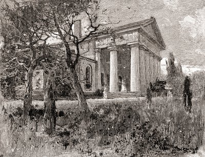 Kenraali Robert E. Leen talo Arlingtonissa, Virginiassa, 1800-luvulla, vuodelta 1884, The Century Illustrated Monthly Magazine (kaiverrus). tekijältä American School
