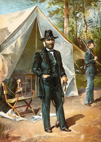 Kenraali Ulysses S Grant seisomassa teltansa edessä Yhdysvaltain sisällissodan aikana, pubi. 1892 tekijältä American School