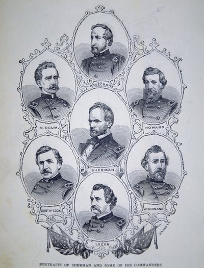Kenraali William Tecumseh Sherman (1820-91) ja jotkut hänen Unionin armeijan komentajat (kaiverrus) tekijältä American School