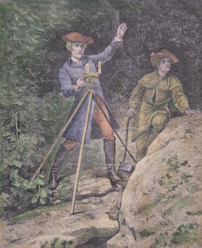 George Washington maanmittarina Virginiassa, 21-vuotias (värilitografia). tekijältä American School