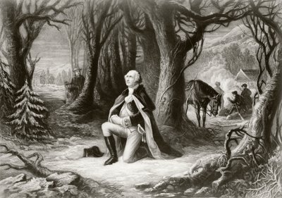 George Washington rukoilee Yhdysvaltain vapaussotaleirillä Valley Forgessa talvella 1777-1778 Henry Bruecknerin maalauksen jälkeen tekijältä American School