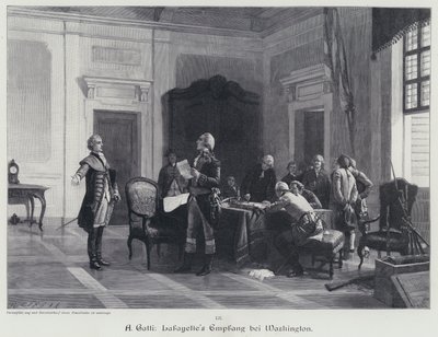 George Washington toivottaa Marquis de Lafayetten tervetulleeksi (kaiverrus) tekijältä American School