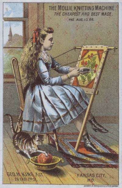 Tyttö käyttää neulekonetta (väri litho) tekijältä American School