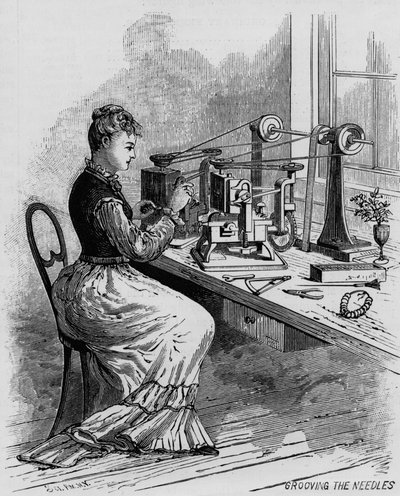 Grooving the Needles, kuva ompelukoneen valmistusta Scientific American -lehdestä, 1879 tekijältä American School