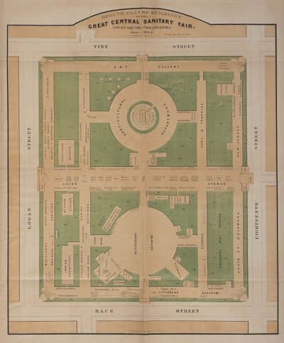Logan Squarella, kesäkuussa 1864 järjestettävän Suuren terveysmessujen rakennusten pohjapiirros (värilitro). tekijältä American School