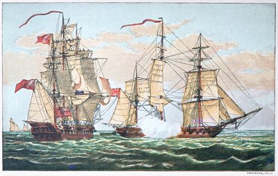 HMS Shannon vs amerikkalainen Chesapeake vuonna 1813 sodan 1812 aikana (väri litho) tekijältä American School