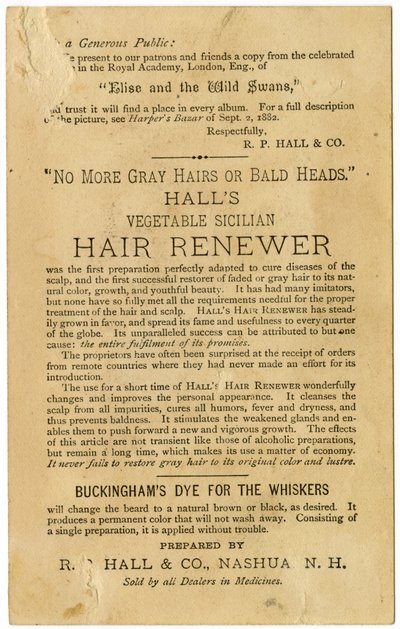 Halls Vegetable Sicilian Hair Renewer, palauttaa harmaille hiuksille niiden alkuperäisen värin ja ehkäisee kaljuuntumista. Verso, (litografia [kauppakortti]) tekijältä American School