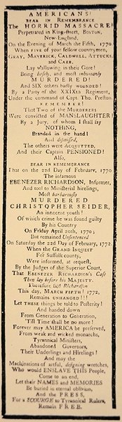 Handbill kommentoi kapteeni Prestonin ja kuuden sotilaan vapauttamista oikeudenkäynnin jälkeen lokakuussa 1771 (litho) tekijältä American School