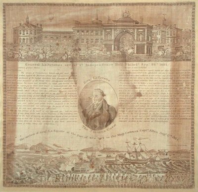Nenäliina kenraali Lafayetten (1757-1834) saapumisen muistoksi vuonna 1824 (puuvillaa) tekijältä American School