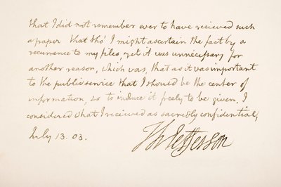 Thomas Jeffersonin käsiala ja allekirjoitus, 1803 tekijältä American School