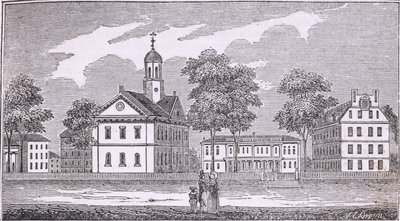 Harvardin yliopisto, Cambridge, lähteestä "Historical Collections of Massachusetts", kirjoittanut John Warner Barber, 1839. tekijältä American School