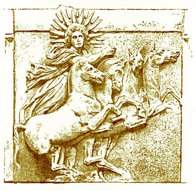 Helios vaunuissaan, Victor Duruyn kuvitus Kreikan historiasta, julkaistu 1890 (digitaalisesti paranneltu kuva) tekijältä American School