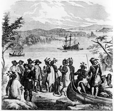 Henry Hudson laskeutumassa Hudson-jokea, kuvitus Balloun kuvallisesta piirustushuoneesta, 12. huhtikuuta 1856 tekijältä American School