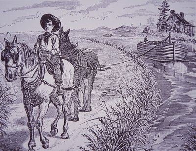 Hevoset vetämässä kanavavenettä hinaustiellä, Erie Canal (kaiverrus) tekijältä American School