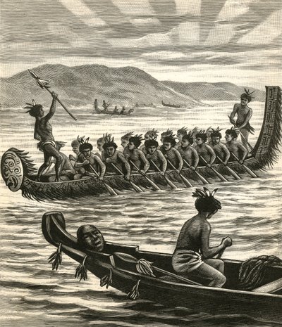 Maori-sotureita kanootissa esittävä kuva tekijältä American School