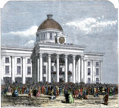 Presidentti Jefferson Davisin virkaanastujaiset Amerikan konfederaation osavaltion presidentiksi, Montgomeryn kaupungintalo, Alabama tekijältä American School