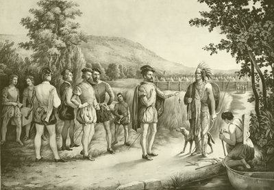 Jacques Cartier, hänen ensimmäinen haastattelunsa intiaanien kanssa Hochelagassa, nyt Montrealissa vuonna 1535, noin 1850 tekijältä American School