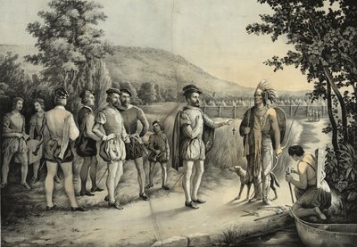 Jacques Cartier, hänen ensimmäinen haastattelunsa intiaanien kanssa Hochelagassa, nyt Montrealissa vuonna 1535, noin 1850 tekijältä American School