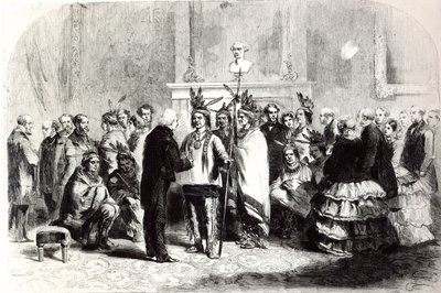 James Buchanan, Yhdysvaltain presidentti, houkutteli vihamielisiä pawnees- ja ponca-heimoja kättelemään, 1858 tekijältä American School
