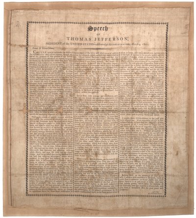 Jeffersonin ensimmäinen avajaispuhe, painanut Pechin, Baltimore, 4. maaliskuuta 1801 (litho silkillä) tekijältä American School