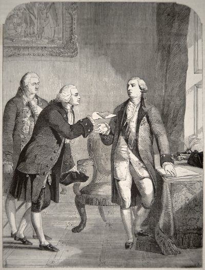 John Adams (1735-1826) ensimmäisenä Yhdysvaltain suurlähettiläänä Englannin hovissa, luovuttamassa valtakirjansa kuningas George III:lle (1738-1820) (litografia) tekijältä American School