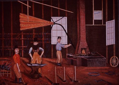 John Mohler Studebaker (keskellä), saksalais-amerikkalainen vaunujen valmistaja työpajassa, n. 1858 (väri litho) tekijältä American School