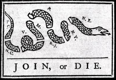Join or Die, piirustus, pitää ensimmäisenä poliittisena sarjakuvana, joka julkaistiin "Pennsylvania", Gazette Benjamin Franklin vuonna 1754. Se edustaa käärmettä, joka on jaettu useisiin osiin, jossa on legenda "" Liity tai kuole"". Tämä on vetoomus 13. am tekijältä American School