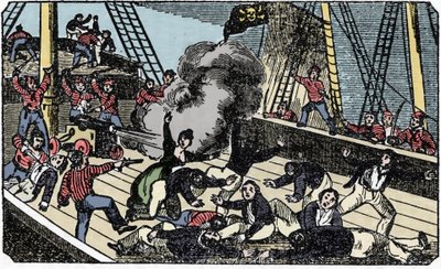 La mort du pirate gentilhomme Jean Lafitte (1780-1826), kaiverrus "Merirosvon oma kirja" 1837. tekijältä American School