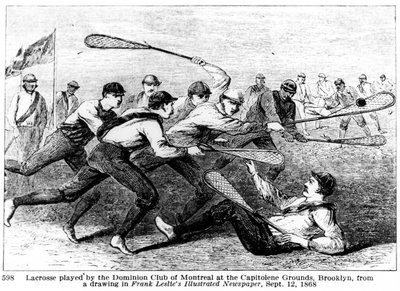 Lacrossea soittaa Dominion Club of Montreal Capitoline Groundsissa Brooklynissa piirustuksen perusteella Frank Leslien kuvitetussa sanomalehdessä tekijältä American School