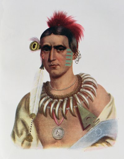 Ma-Has-Kah tai "White Cloud", Iowan päällikkö, kuvitus teoksesta "The Indian Tribes of North America, Vol.1", kirjoittaneet Thomas L. McKenney ja James Hall, pub. kirjoittanut John Grant tekijältä American School